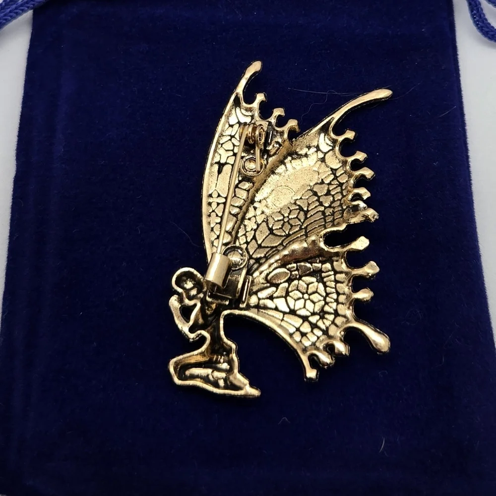 Gold Fairy Brooch Enamel Filigree Wings Fantasy Whimsical Gothic Statement Pin